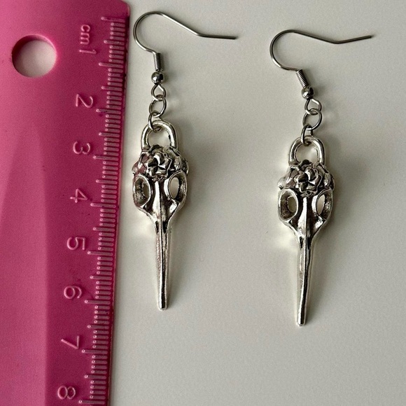 CROW RAVEN BIRD SKULL Pendant Silver Earrings Female Men Gothic Punk Biker - Picture 2 of 3